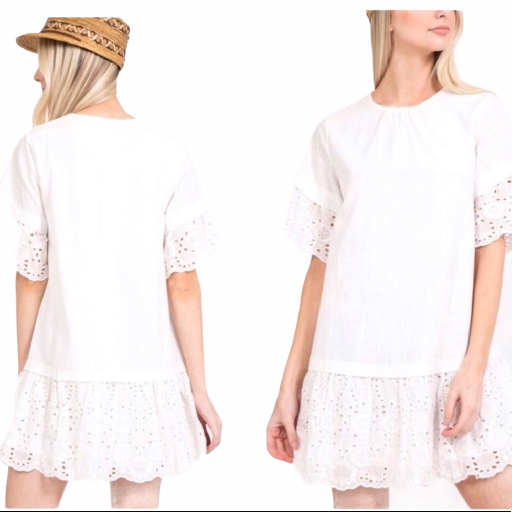 Love Riche White Drop Hem Dress w Eyelet Lace Top